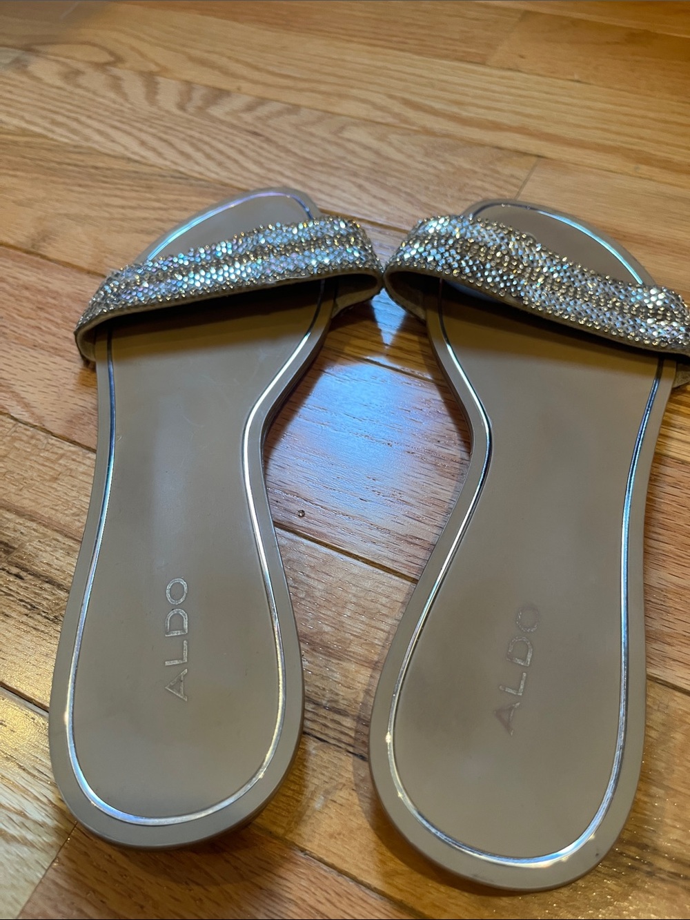 ALDO Crystal-Embellished Taupe Slide Sandals - Picture 3 of 3